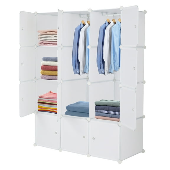 12 Cube Organizer Stackable Plastic Cube Storage Shelves Modular Closet Cabinet with Hanging Rod, White
