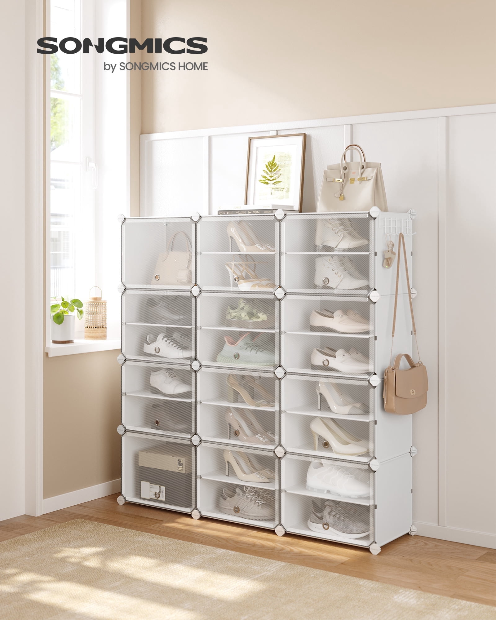 SONGMICS Shoe Rack Organizer, 12-Tier Shoe Storage Cabinet for Closet and Entryway, Holds 48 Pairs of Shoes, Adjustable, Cloud White and Trasparent