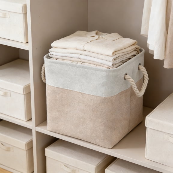 12" Cube Storage Bins, Boho Fabric Storage Organizer Bins,Beige Foldable Cube Baskets with Sturdy Carry Handles Wicker Baskets for Toys Shelves Closets