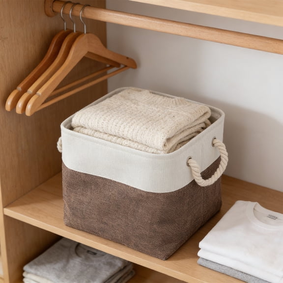 12" Cube Storage Bins, Boho Fabric Storage Organizer Bins,Coffee Foldable Cube Baskets with Sturdy Carry Handles Wicker Baskets for Toys Shelves Closets