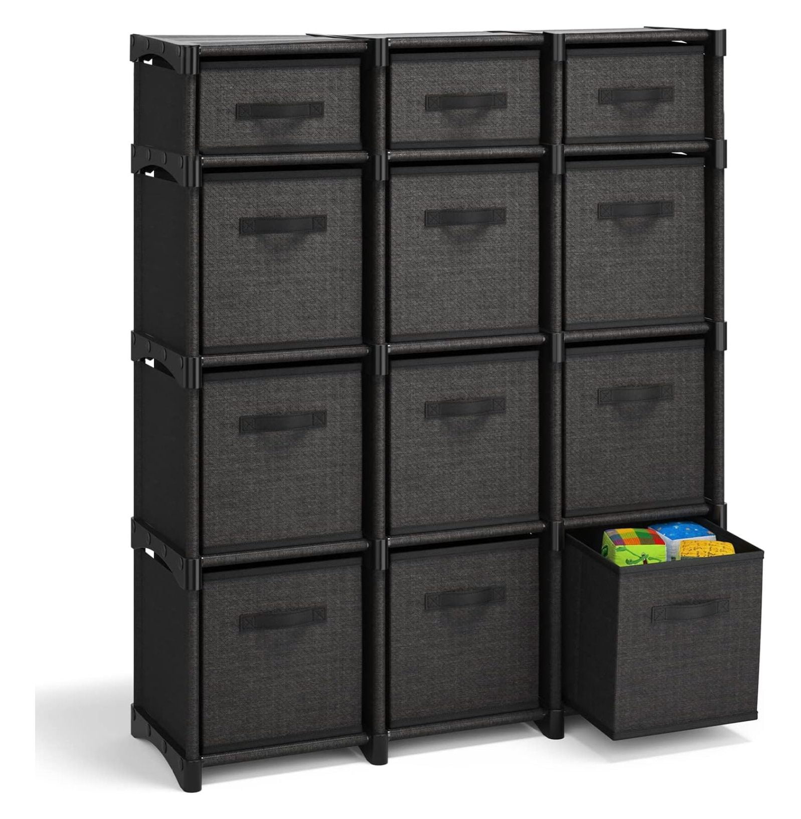 12 Cube Storage Organizer - Black Cube Organizer Shelf, DIY Storage Cubes Organizer Shelves with Fabric Storage Cubes, Sturdy Cubbies Storage Shelves, Cube Storage Shelf for Bedroom, Playroom and More