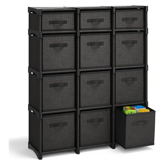 12 Cube Storage Organizer - Black Cube Organizer Shelf, DIY Storage Cubes Organizer Shelves with Fabric Storage Cubes, Sturdy Cubbies Storage Shelves, Cube Storage Shelf for Bedroom, Playroom and More