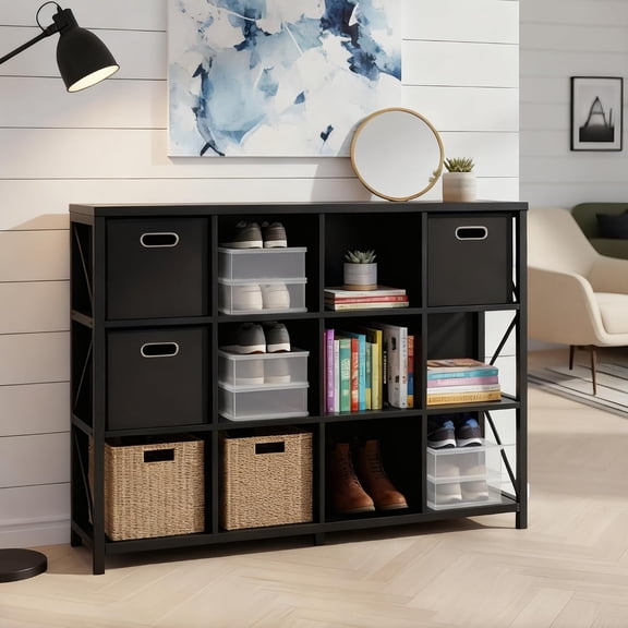 12 Cube Storage Organizer Bookshelf, Horizontal Bookcase, Accent Cubby Shelf, Media Console Table for Living Room, Home Office, 11.8" D x 47.6" W x 38.2" H, Black
