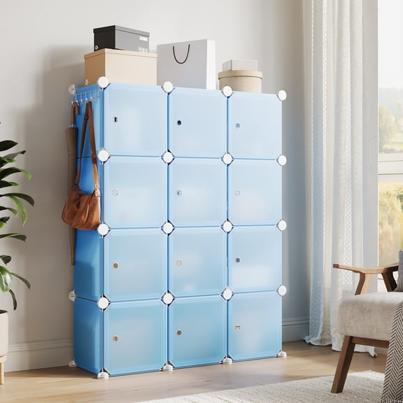 12 Cube Storage Organizer with Doors, DIY Plastic Closet Organizer Shelves, Modular Bookshelf Cabinet, Stackable Clothes Storage Cubes, Portable Wardrobe Rack for Bedroom, Living Room, Dorm (Blue)