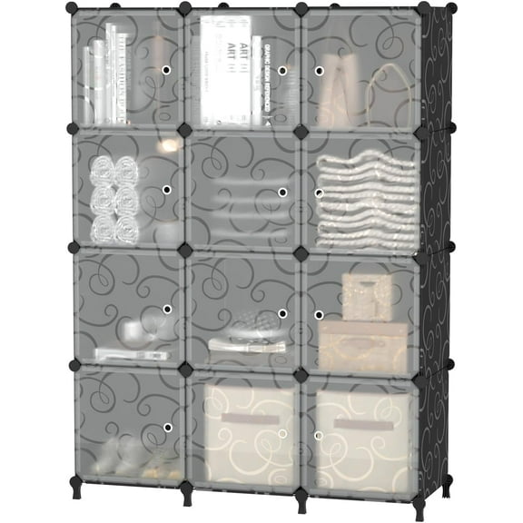 12 Cube Storage Organizer with Doors, DIY Plastic Closet Storage Shelf, Modular Storage Bookshelf, Stackable Storage Shelving Rack for Bedroom, Home, Living Room, Black