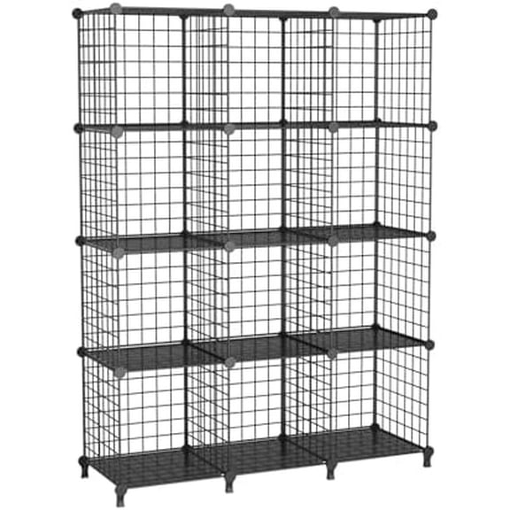 12-Cube Storage Organizer, Metal Wire Cube Shelving Unit, 11.8" L x 11.8" W x 11.8" H, Modular Grid Bookshelf for Closet, Bedroom, Office, Black ATTJL12B