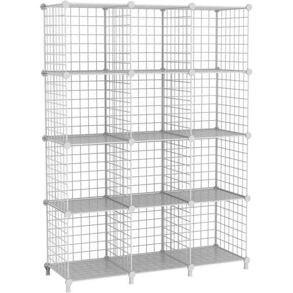 12-Cube Storage Organizer, Metal Wire Cube Shelving Unit, 11.8" L x 11.8" W x 11.8" H, Modular Grid Bookshelf for Closet, Bedroom, Office, White