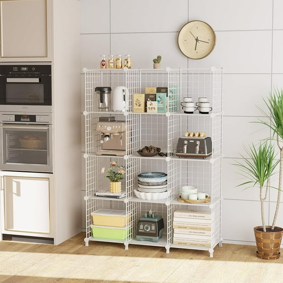 12-Cube Storage Organizer Metal Wire Cube Shelving Unit Grid Bookshelf for Closet Bedroom Office White