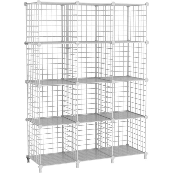 12-Cube Storage Organizer, Metal Wire Cube Shelving Unit, 11.8" L x 11.8" W x 11.8" H, Modular Grid Bookshelf for Closet, Bedroom, Office, White ATTJL12W