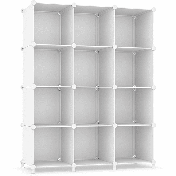 Living Room Library Unit 12-Cube Storage Organizer, White Modular Closet Shelving Unit with ...