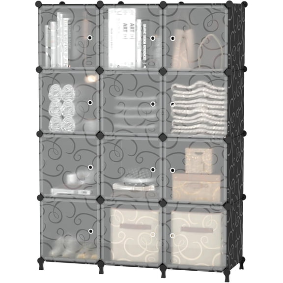 12 Cube Storage Organizer with Doors, DIY Plastic Closet Shelf, Modular Bookshelf, Stackable Shelving Rack for Bedroom, Living Room, Black ULPZ012