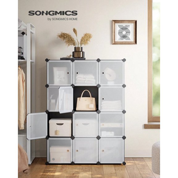 12-Cube Storage Organizer with Doors, Modular Plastic Shelving and Hooks, White