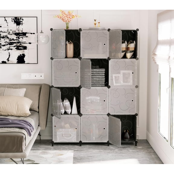 12 Cube Storage Organizer with Doors, Plastic Closet Shelf, Modular Bookshelf, Stackable Shelving Rack for Bedroom, Living Room, Black ULPZ012