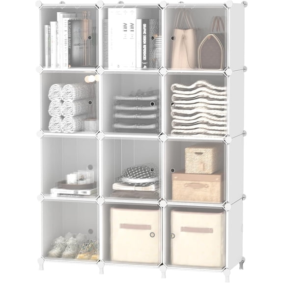 12-Cube Storage Organizer with Doors, White Modular Closet Shelving System