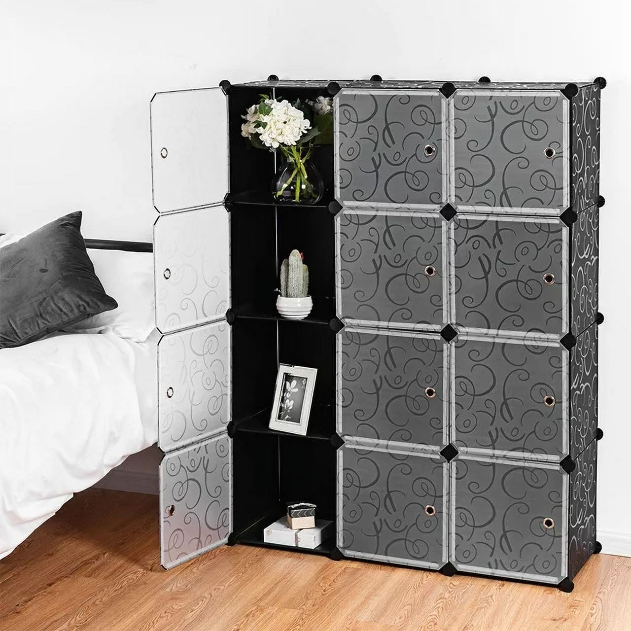12-Cube Storage Shelves with Doors, Modular Book Shelf Organizer Units, Plastic Clothing Storage Containers, Closet Cube Storage&Organizatier