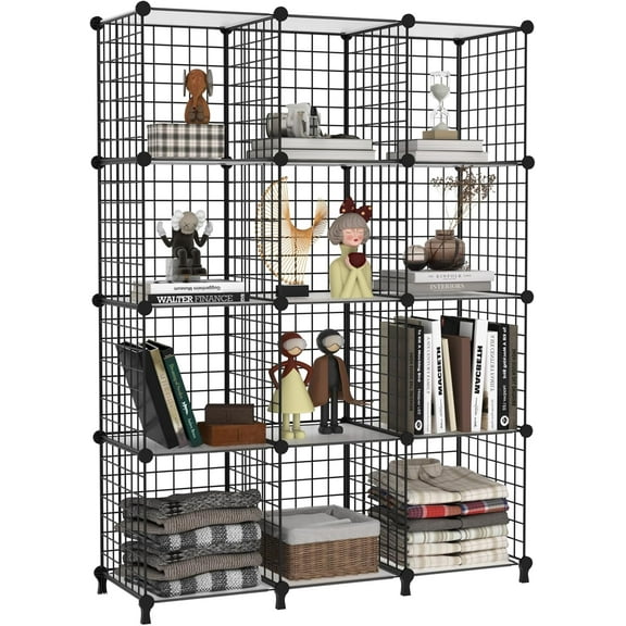 12 Cube Storage Wire Closet Organizers DIY Stackable Storage Shelves Bookcase Cabinet for Home Office, Black