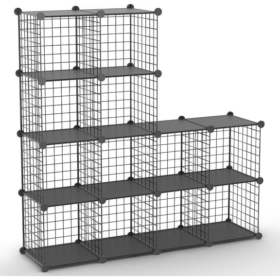 12-Cube Wire Storage Shelf, Stackable Modular Organizer, Black Metal, 11.8 Inch Cubes