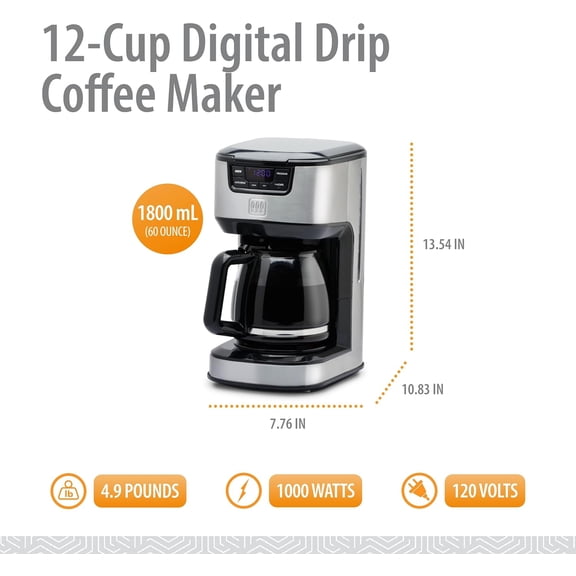 12-Cup Digital Drip Coffee Maker, Stainless Steel, TM-129CM