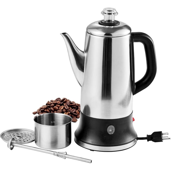 12-Cup Electric Coffee Percolator with Stainless Steel Construction, Heat-Resistant Handle, Keep Warm Feature, Quick Brewing, and Easy-Pour Spout,