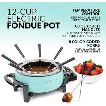 12-Cup Electric Fondue Pot Set with 8 Color-Coded Forks - Stainless Steel Kitchen Appliance for Cheese & Chocolate