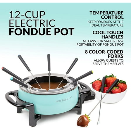 12-Cup Electric Fondue Pot Set with 8 Color-Coded Forks - Stainless Steel Kitchen Appliance for Cheese & Chocolate