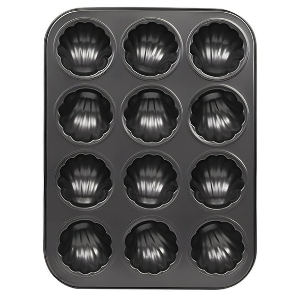 12-Cup Mini Cake Pan, Nonstick Fluted Cake Mold, Easy Release Carbon Steel Cake Pan for Madeleine, Brownies, Muffins Baking, 450F Oven Safe(Black)