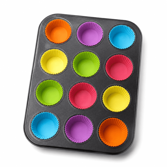 12-cup Mini Muffin Pan with 12 Silicone Baking Cups, Non-Stick Carbon Steel Cupcake Bakeware, Heavy-Duty Muffin Tin, Oven, Freezer & Dishwasher Safe