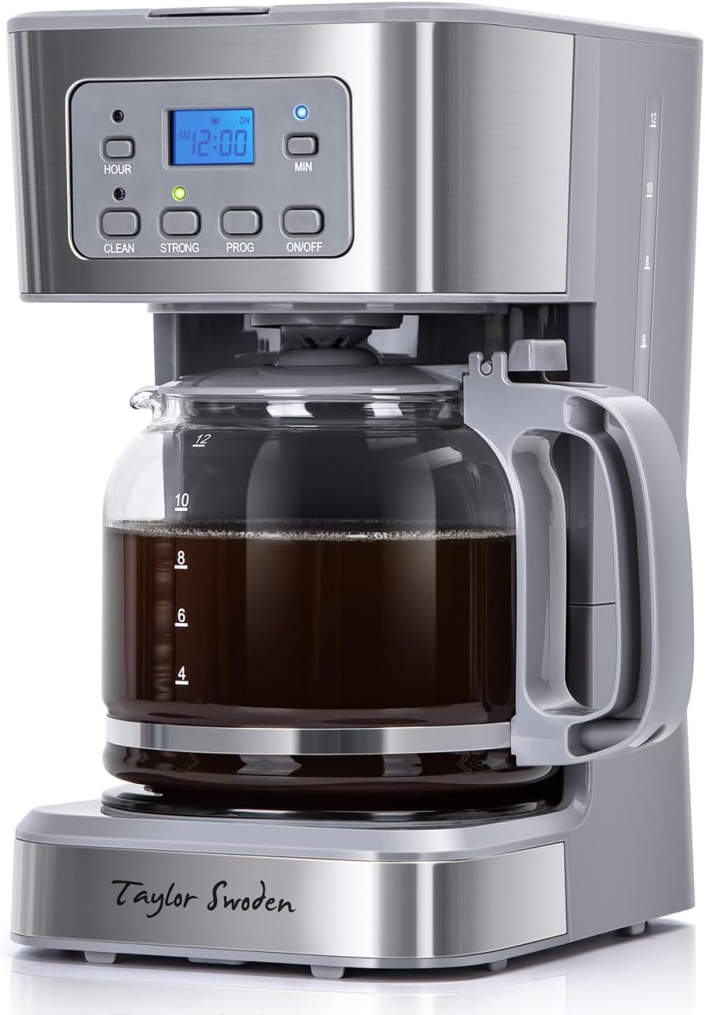 12-Cup Programmable Coffee Maker, Regular & Strong Brew Drip Coffee Machine for Home and Office, Glass Carafe, Pause & Serve, Auto Shut Off, Gray & Stainless Steel