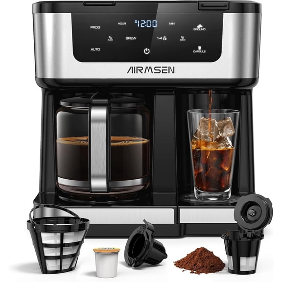 12-Cup Programmable Dual Coffee Maker Single Serve Machine for K-Cup Pods & Ground, 1000W Fast Brew, Delay Start, 2H Keep Warm, Touchscreen, 60oz Tank, Glass Carafe Home & Office