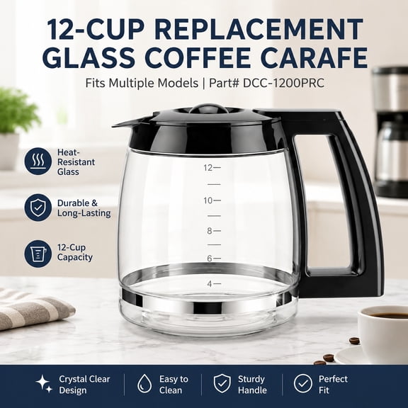 12-Cup Replacement Glass Coffee Carafe for Coffee Makers | Durable Heat-Resistant Coffee Pot Carafe with Handle, Fits Multiple Models, Part# DCC-1200PRC