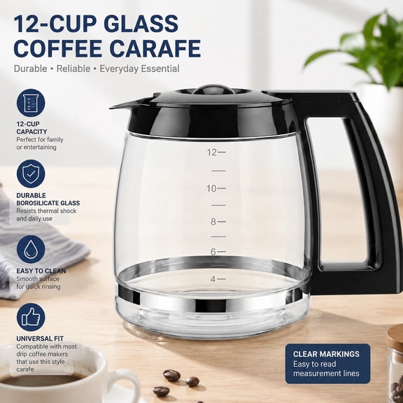 12-Cup Replacement Glass Coffee Carafe for Coffee Makers, Durable Drip Coffee Pot, Universal Fit, Clear Glass Coffee Server with Handle