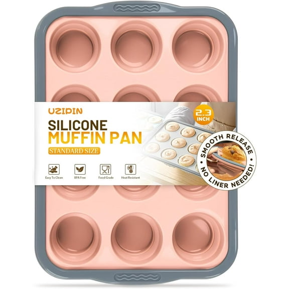 12-Cup Silicone Muffin Pan for Baking - Premium Nonstick Muffin Tin with Metal Reinforced Frame, Easy to Clean Silicone Cupcake Molds, Dishwasher & Oven Safe BPA Free(Pink)