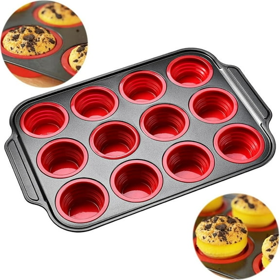 12-Cup Silicone Muffin Pan with Metal Frame - Nonstick Cupcake & Egg Bite Mold, Dishwasher Safe Bakeware for Oven (Red)