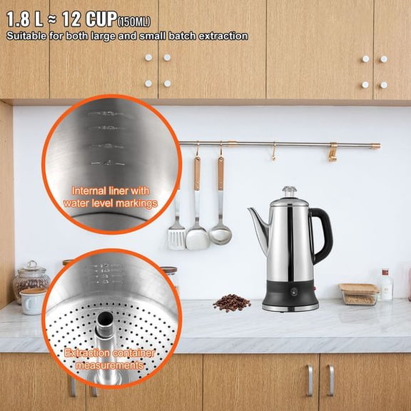 12-Cup Stainless Steel Electric Coffee Percolator, Quick Brew Coffee Pot with Keep Warm, Heatproof Handle & Smooth Pour Spout