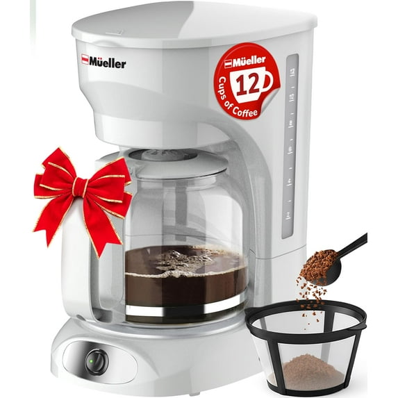 12-Cup White Coffee Maker - Borosilicate Carafe, Auto-Off, Reusable Filter, Anti-Drip, Keep-Warm Function, Clear Water Level Window, White Kitchen Accessories