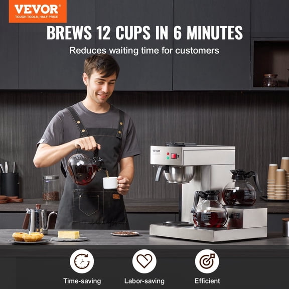 12 Cups Commercial Drip Coffee Maker,Coffee Maker Machine with 3 Glass Carafes&3 Warmer Plates,Stainless Steel Pour Over Coffee Brewer with Auto Water Intake,for Restaurant Office Cafe