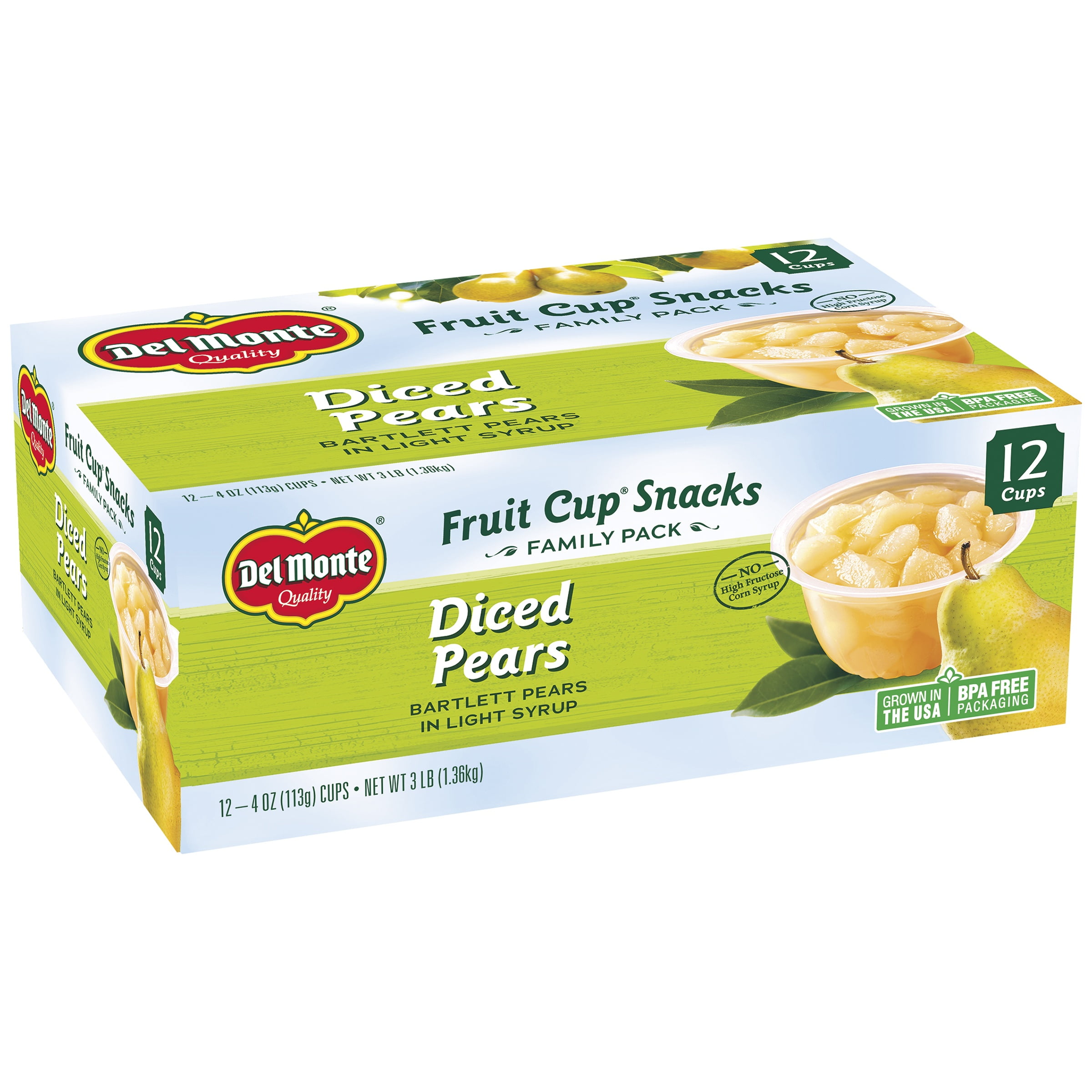 (12 Cups) DEL MONTE Fruit Cups Diced Pears Light Syrup, 4 oz