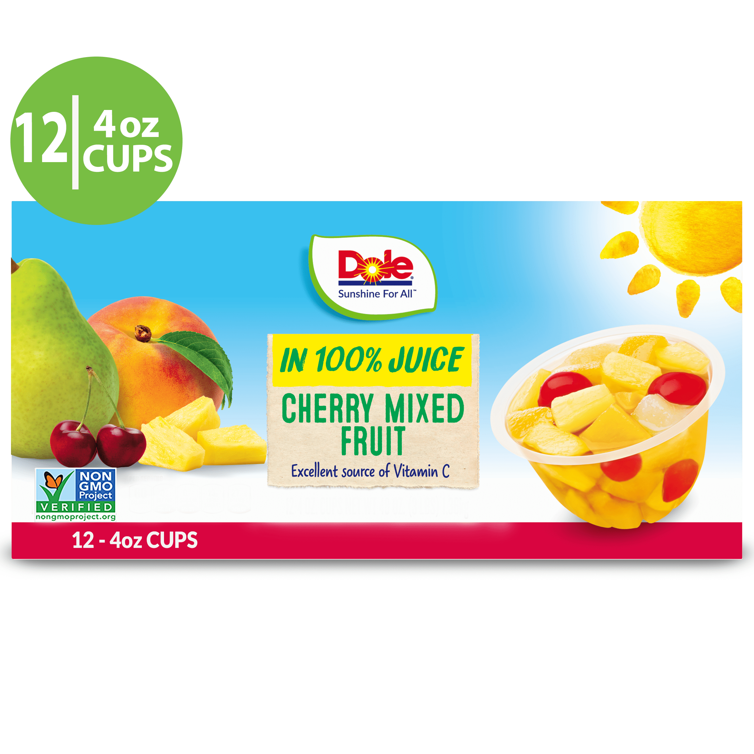 (12 Cups) Dole Fruit Bowls Cherry Mixed Fruit in 100 Fruit Juice, 4 oz