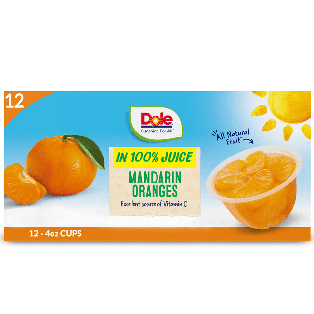 (12 Cups) Dole Fruit Bowls Mandarin Oranges in 100 Fruit Juice, 4 oz