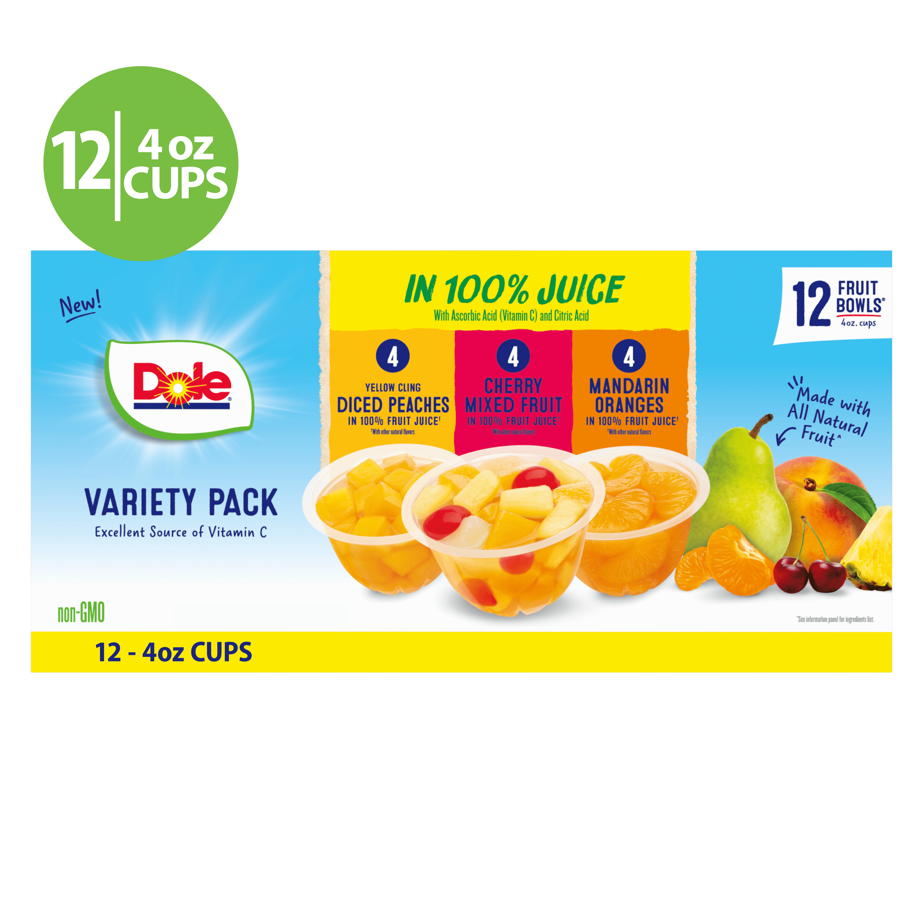 (12 Cups) Dole Fruit Bowls in 100 Fruit Juice Peaches, Mandarin
