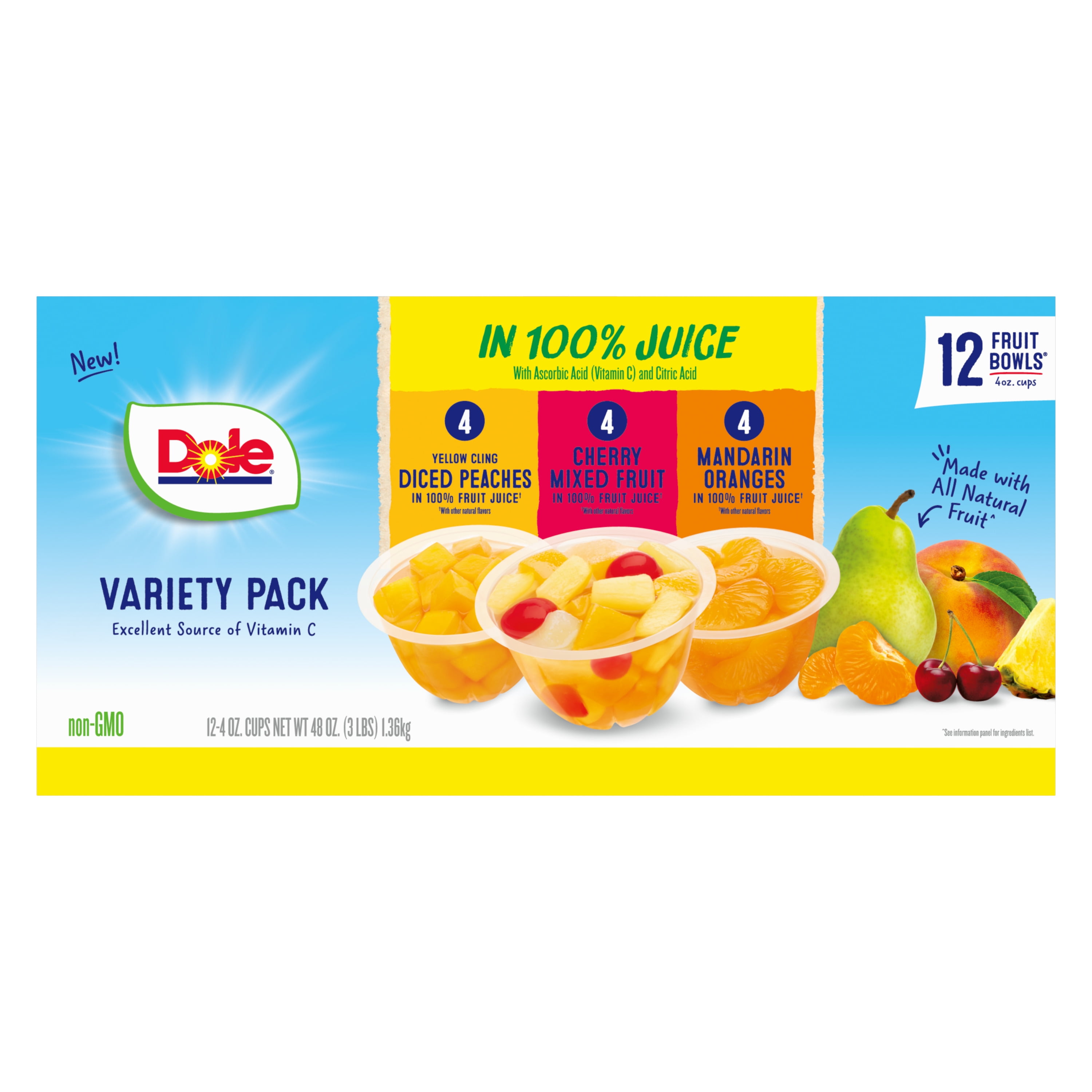 (12 Cups) Dole Fruit Bowls in 100 Fruit Juice Peaches, Mandarin
