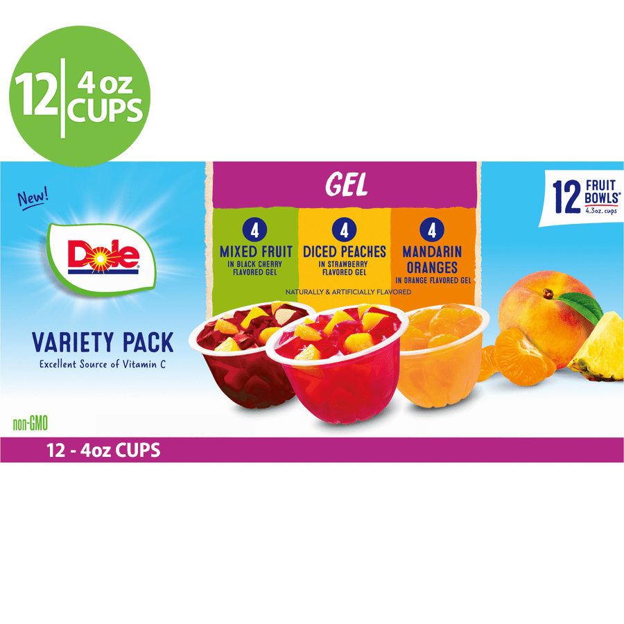 (12 Cups) Dole Fruit Bowls in Gel Peaches, Mandarin Oranges, & Mixed