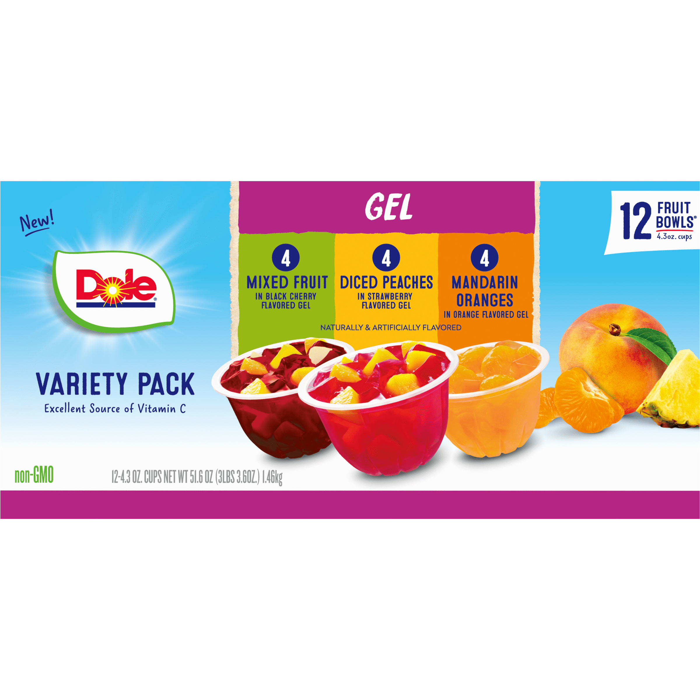 (12 Cups) Dole Fruit Bowls in Gel Peaches, Mandarin Oranges, & Mixed