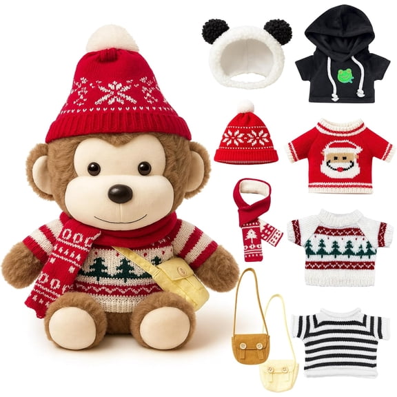 12" Cute Monkey Stuffed Animal Set, Dress-up Monkey PlushToys with 9 Clothes & Accessories for Boys Girls Holiday Gifts, Prizes, Classroom Rewards