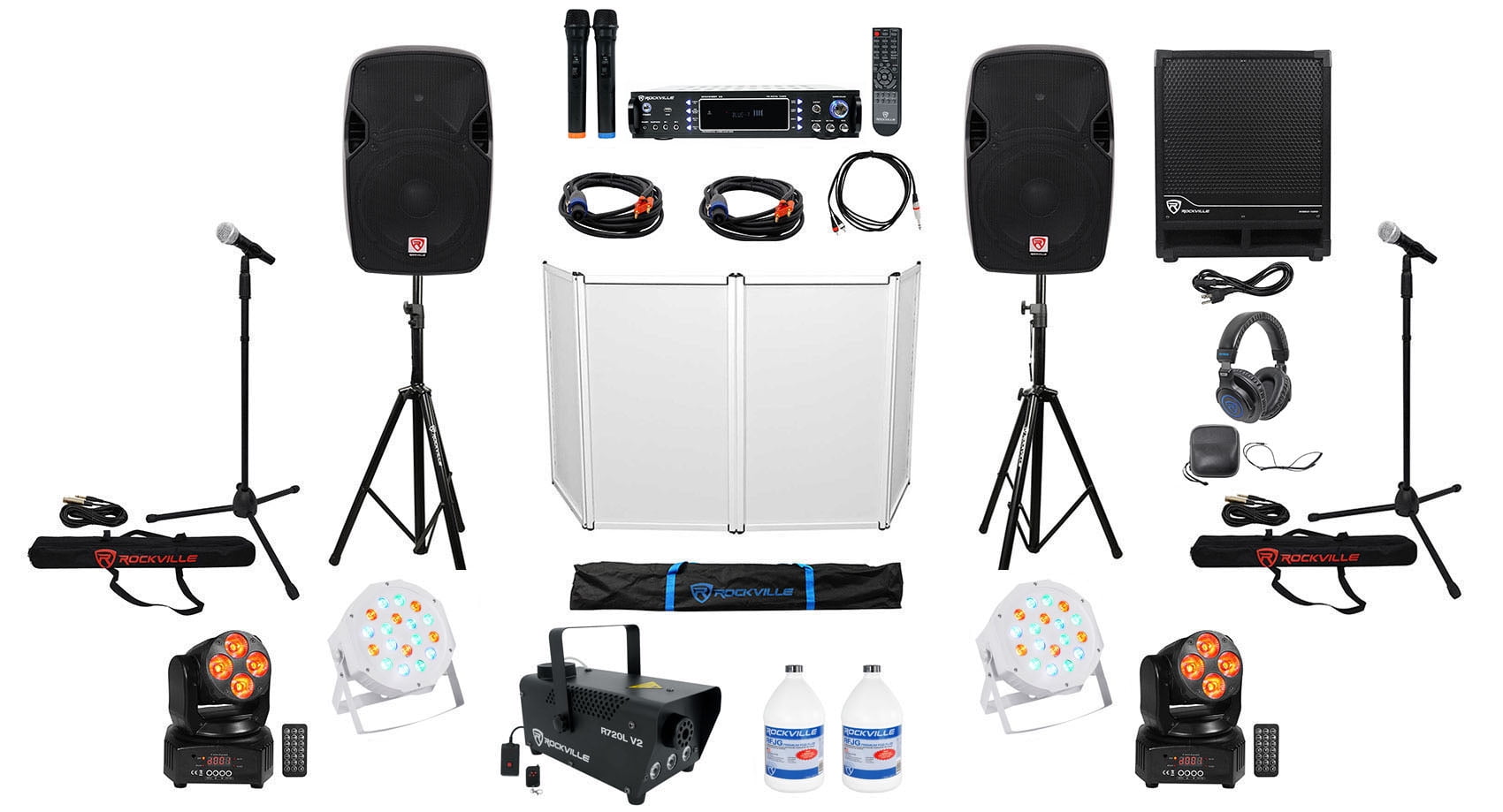 12" DJ Speakers+Sub+Amp+Headphones+Facade+ 4) Lights+Fogger+Mics+Stands+Cables