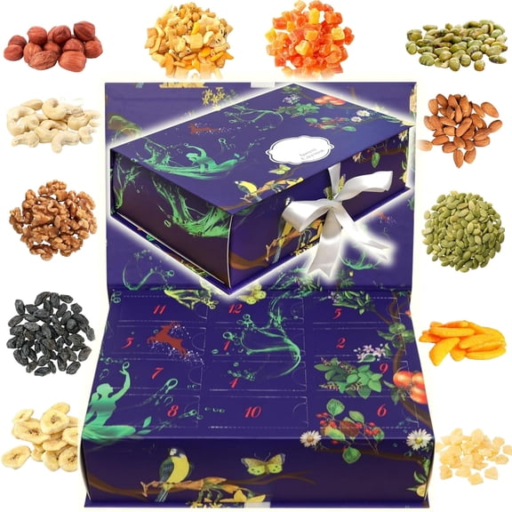 12-Day Advent Calendar with Dried Fruit & Nuts, Healthy Holiday Snack Gift Box, Gourmet Nut & Fruit Sampler, Christmas Countdown Treat for Adults, Kids & Families
