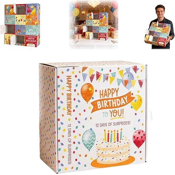 12 Day Fillable Birthday Countdown Calendar, Double Layer Paper DIY Surprise Box with Raffia Package, Festive Decor for Family Gathering Home Birthday Party ColorA(k)