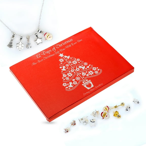 12 Days of Christmas Advent Calendar Necklace, Studs in Silver for Girls 4 Years up