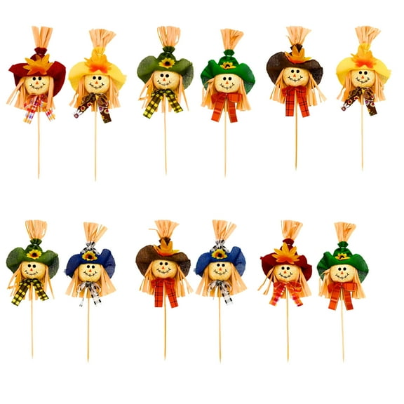 (12) Decorative Scarecrow Picks, 13.15in Fall Harvest Stakes for Autumn Halloween Thanksgiving Harvest Seasonal Displays Design and Colors May Vary