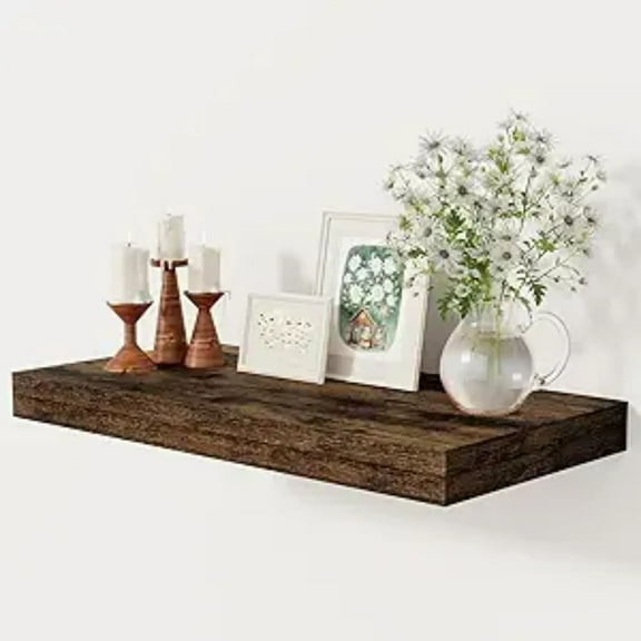 12" Deep Floating Shelves, Rustic Wood Wall Shelves for Wall D r & Storage, 24 x 12 Floating Shelf for Living Room, Bathroom, Bedroom, Rustic Brown, Set of 1